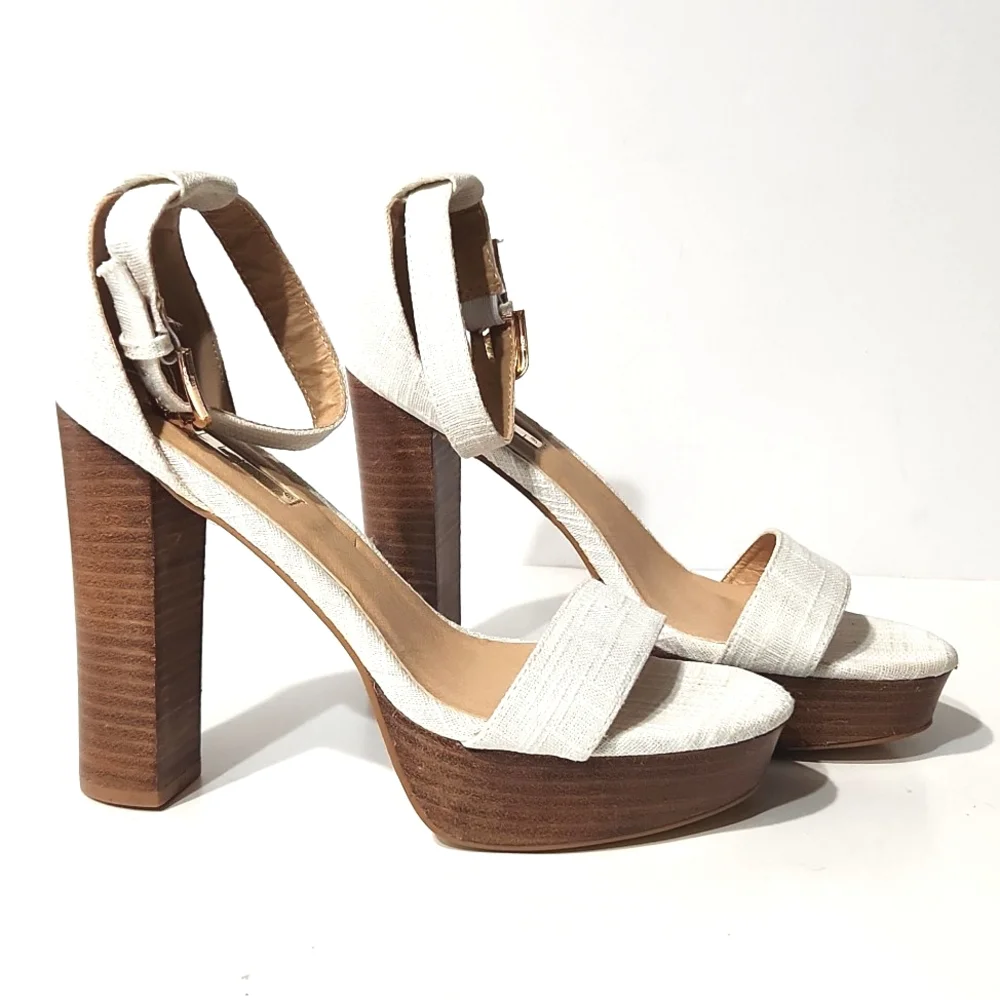 NEW Billini Tahiti White Linen Wood Platform Heels Size 10